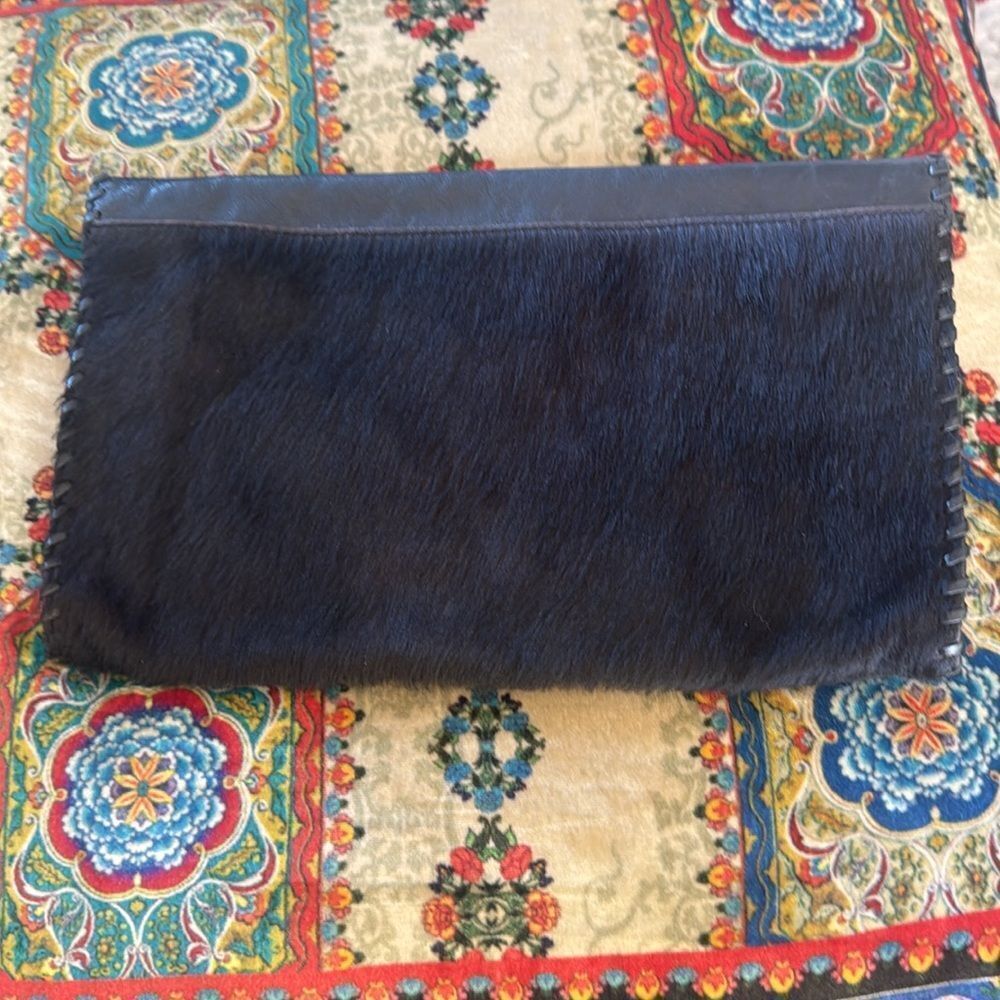 NICOLE MILLER black pony hair clutch with gold triangle leather - Picture 2 of 9
